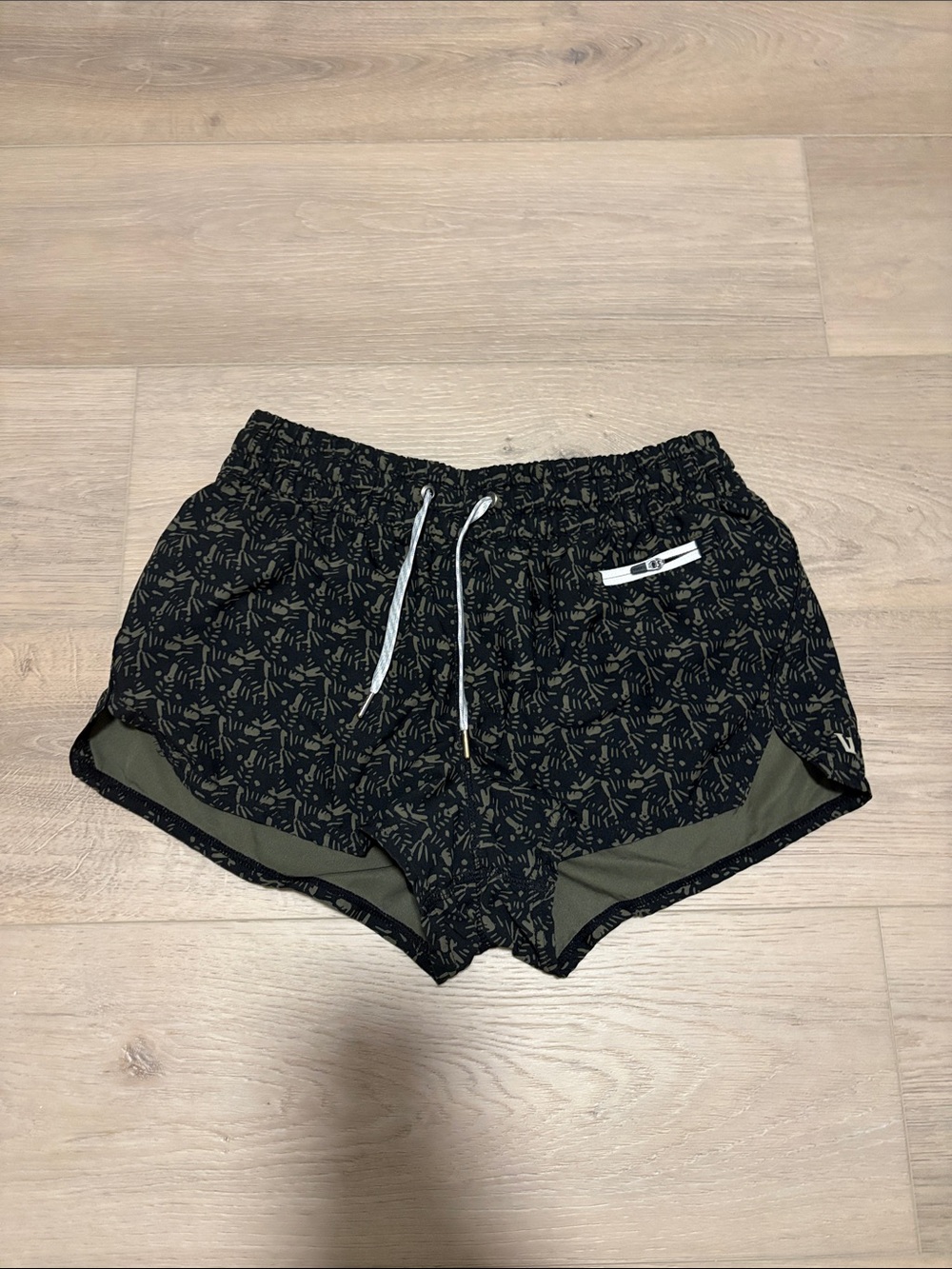 Vuori Black Patterned Athletic Shorts with Olive Lining